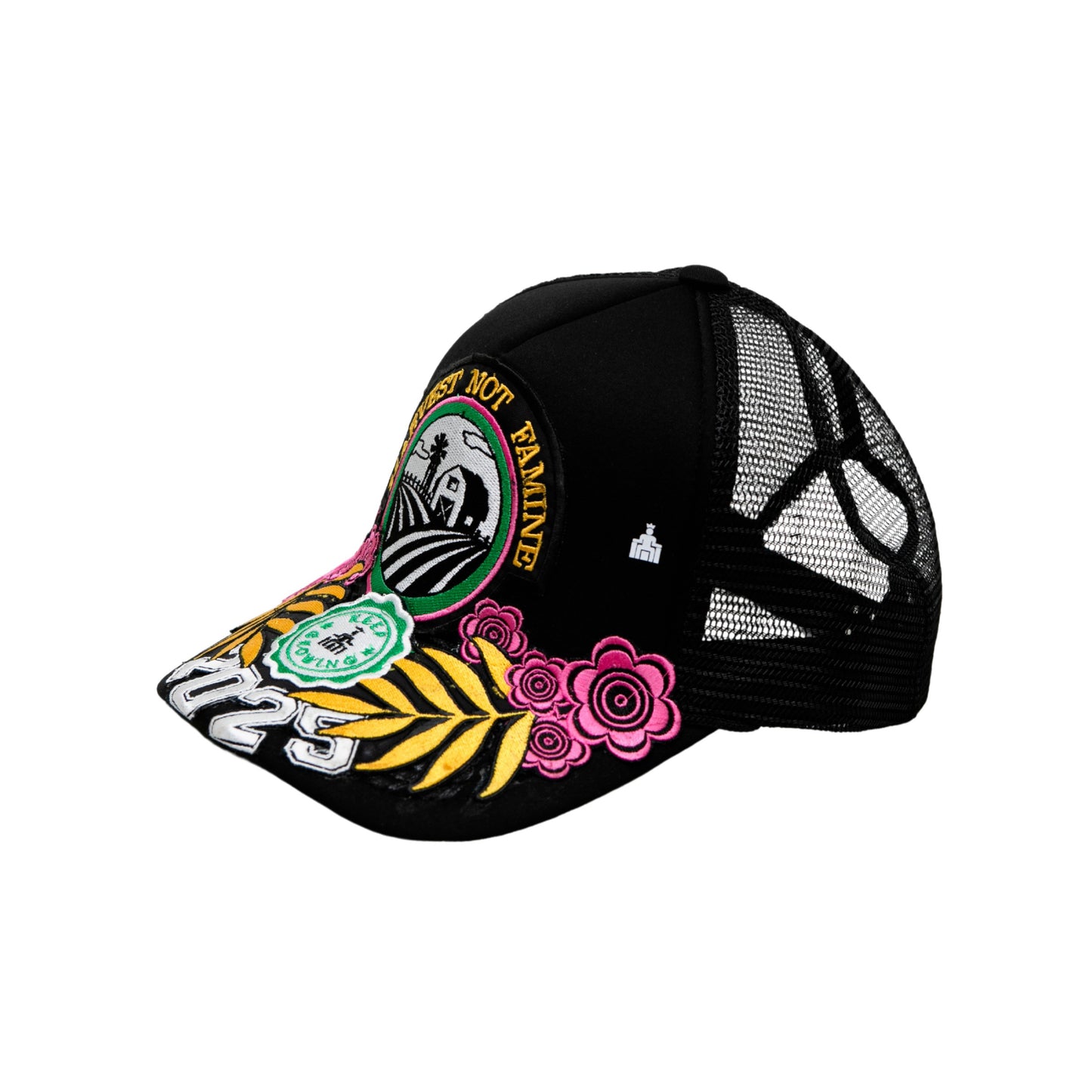 2025 mesh trucker hat with prosperity design in black, pink, and green